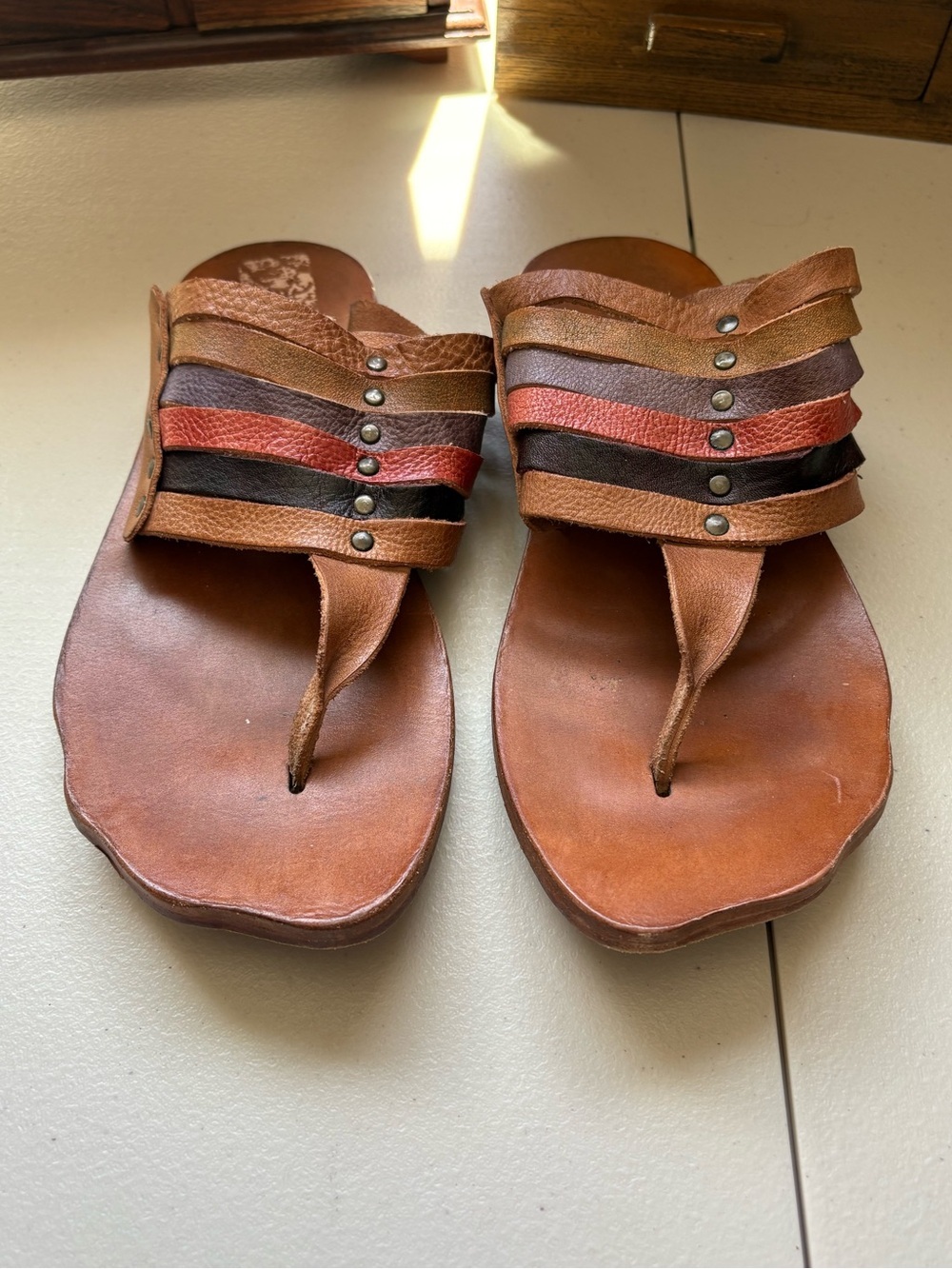 Bed Stu Nemesis sandals tan multi dip-dye color studded leather straps size 9